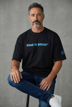 Cloud 19 Official Streetwear Malaysia black 100% cotton oversized t-shirt with blue gradient logo.