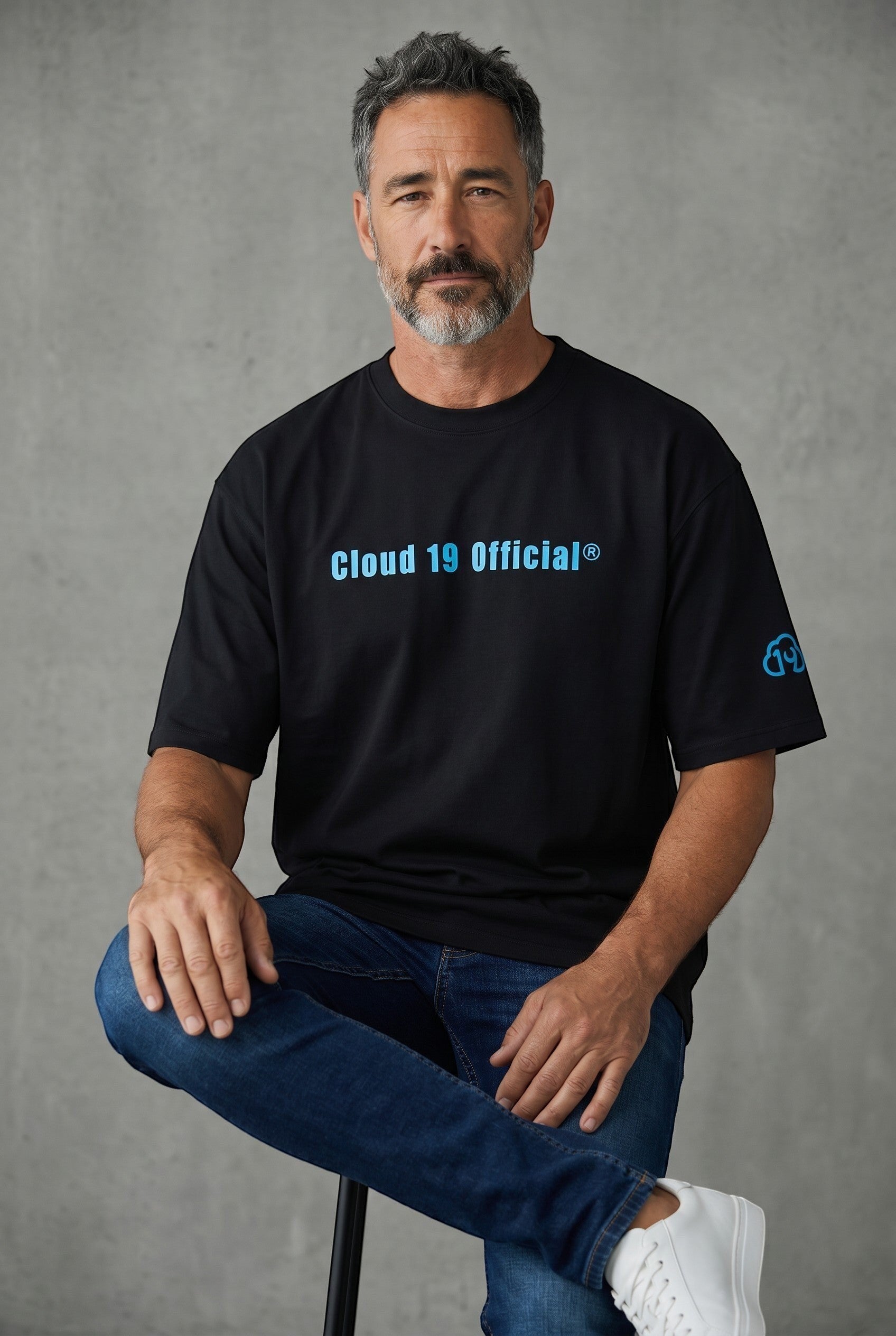 Cloud 19 Official Streetwear Malaysia black 100% cotton oversized t-shirt with blue gradient logo.