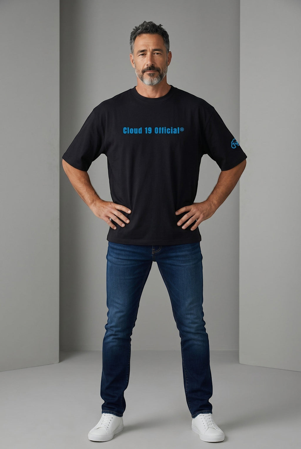 Cloud 19 Official Streetwear Malaysia black oversized 100% cotton t-shirt with blue graphic logo on chest and sleeve.