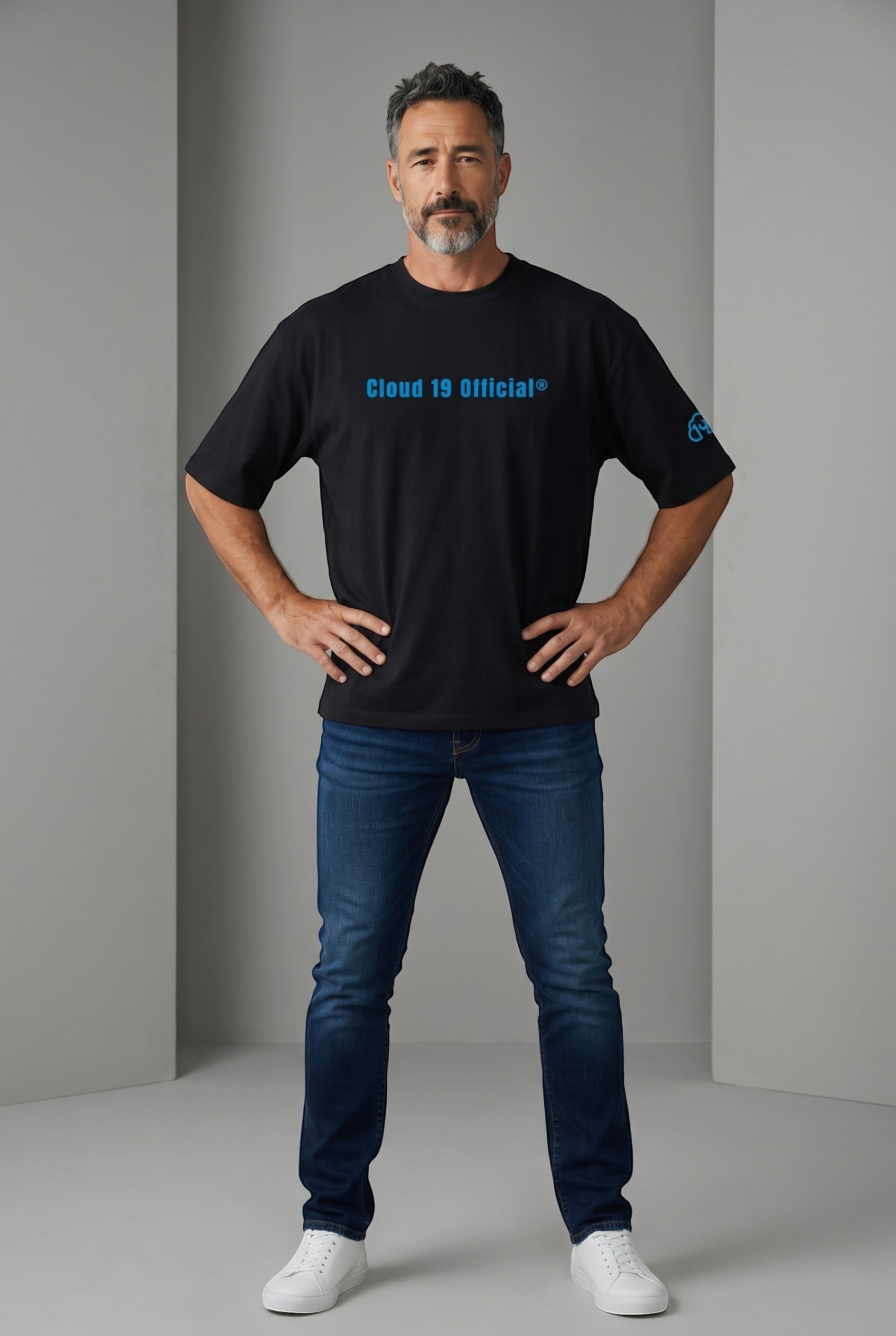 Cloud 19 Official Streetwear Malaysia black oversized 100% cotton t-shirt with blue graphic logo on chest and sleeve.