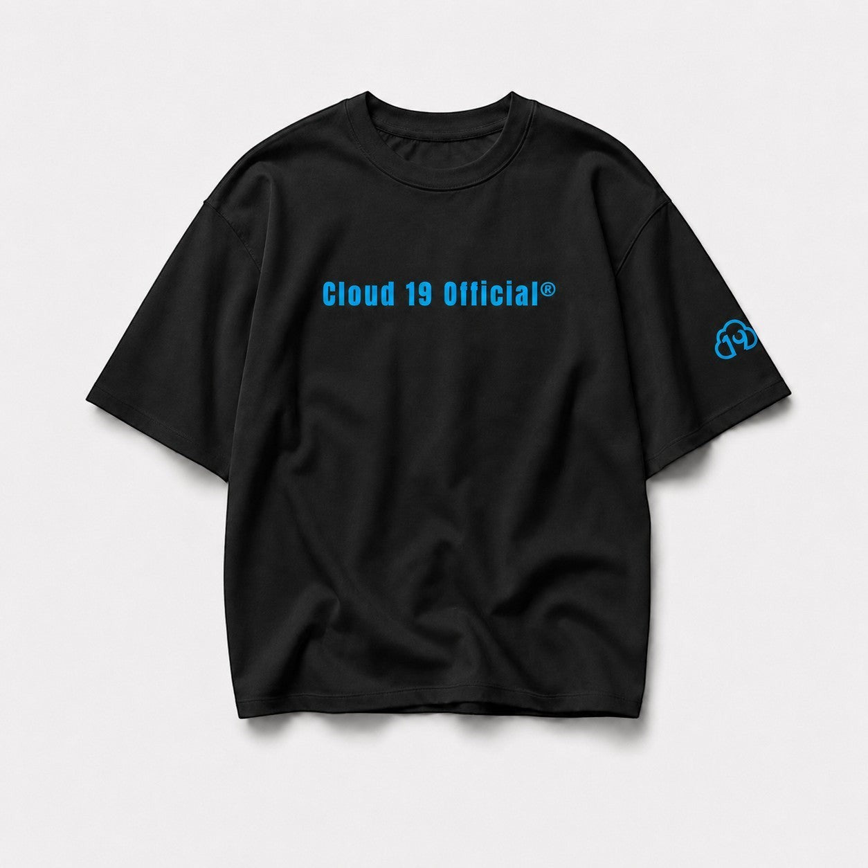 Cloud 19 Official Streetwear Malaysia black 100% cotton oversized t-shirt with blue logo on chest and sleeve.