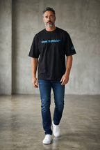 Cloud 19 Official Streetwear Malaysia black oversized 100% cotton t-shirt with blue graphic print on chest and sleeve.