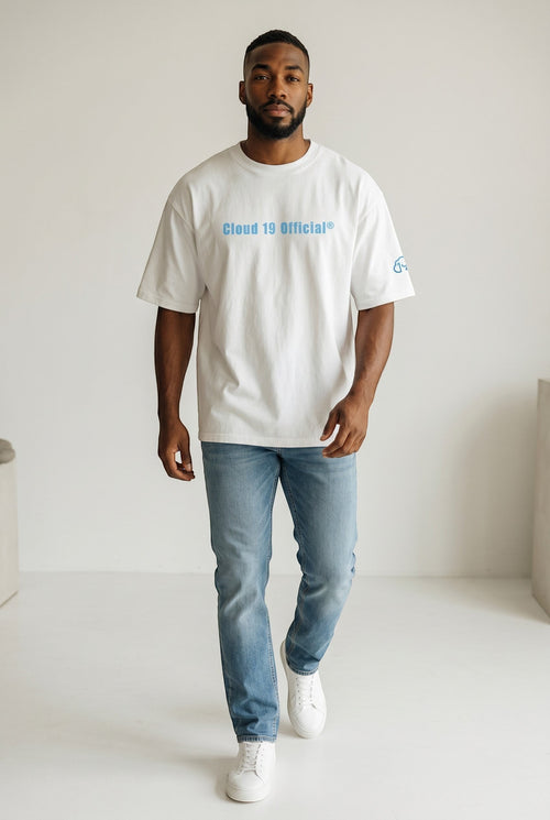 Cloud 19 Official Streetwear Malaysia white 100% cotton oversized t-shirt with blue logo detail on chest and sleeve.